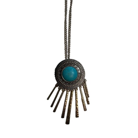 Bohochic Silver Tone 19.5" Necklace w/Faux Turquoise & Silver Dangles - Picture 1 of 3